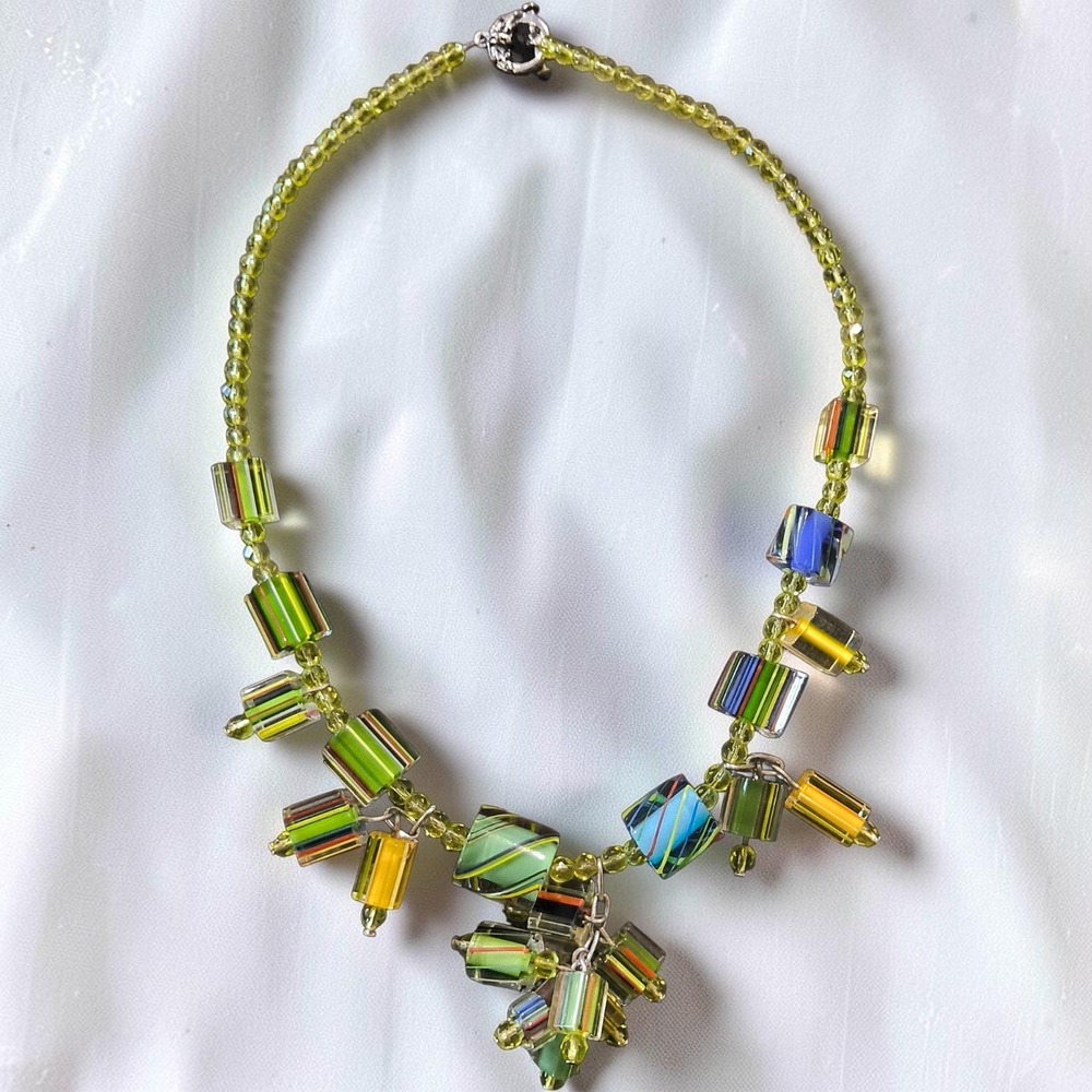 Vintage Art Glass Furnace Glass Striped Bead Cluster Necklace 16" Statement